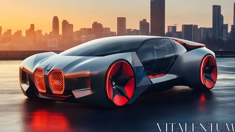 Sunset city drive with a glowing futuristic concept car.