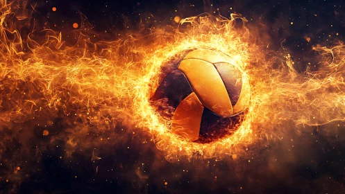 Blazing soccer ball streaking through a storm of golden fire.