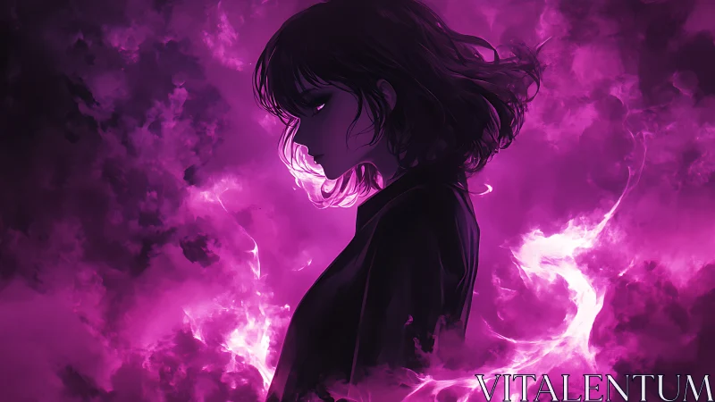 Side-lit anime sorceress in magenta volumetric smoke field