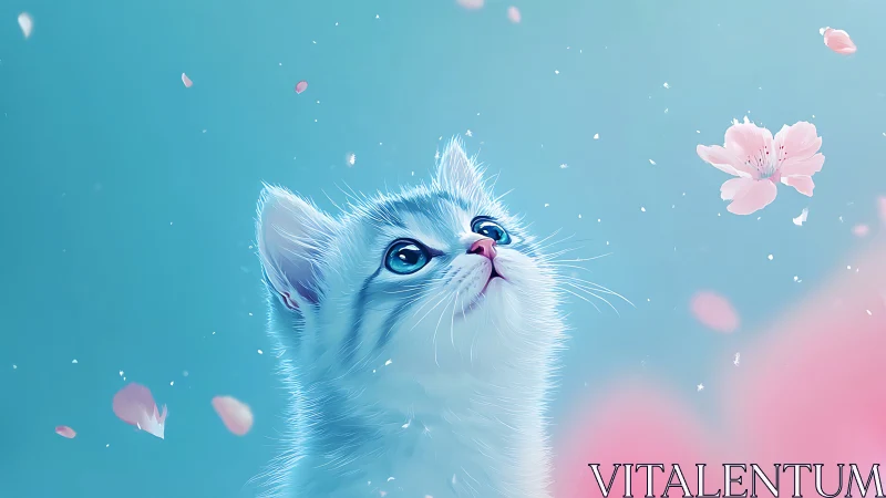 White cat with blue eyes against gradient background.