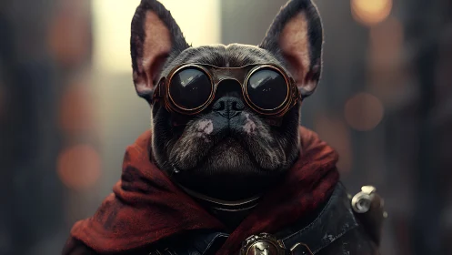 Goggled bulldog wanderer patrols the steampunk alleyways.