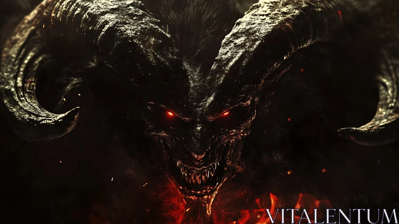Horned demonic creature with burning eyes in darkness.