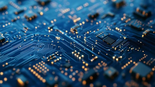 Macro detail of illuminated blue PCB traces and solder pads