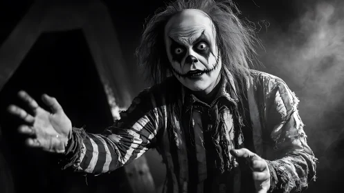 Monochrome horror portrait of creepy clown lunging forward