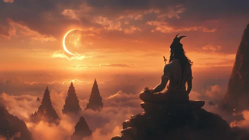 Seated figure observes crescent sun over clouded peaks