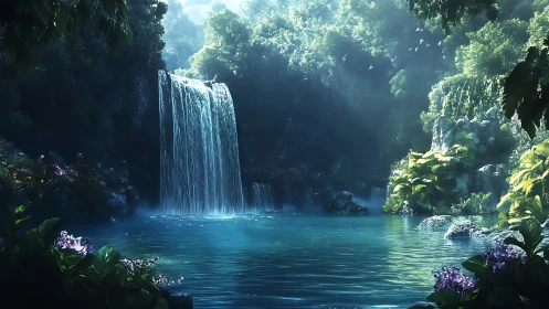 Luminous jungle waterfall over tranquil cyan lagoon at dawn.