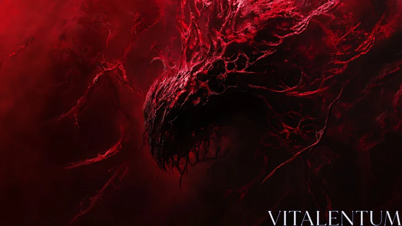 Digital painting of crimson eldritch entity in swirling void.