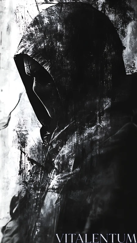 Hooded cyber-figure in high-contrast monochrome profile study.