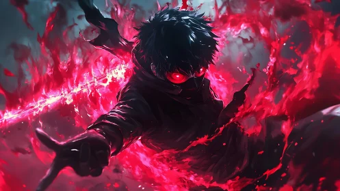 Masked figure surrounded by red energy in dark setting.