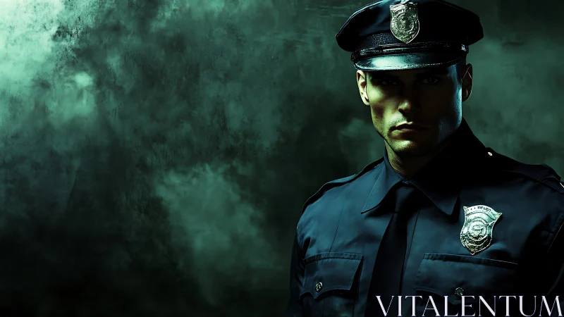 Moody portrait shows uniformed police officer in shadowed light.