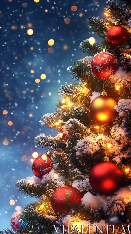 Snow kissed Christmas tree glows with cozy golden lights