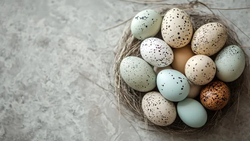 Speckled pastel eggs rest softly in a rustic bird nest.