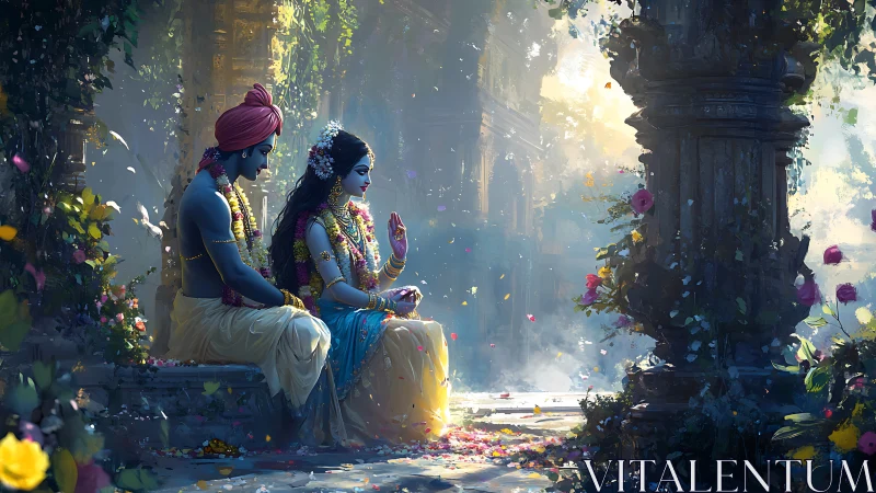 Luminous divine lovers in a blossom‑strewn temple courtyard.