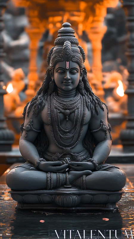 Serene stone deity in twilight glow of temple firelight.