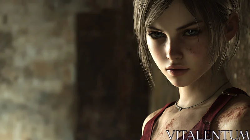 Stoic young woman with scrapes in dim worn interior.