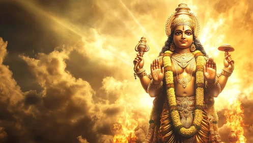 Digital painting of radiant Hindu deity amid celestial light.