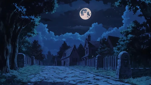 Moonlit village street extends between trees and fences