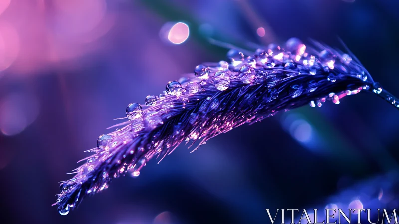 Macro dew-covered grass blade under neon purple-blue bokeh light