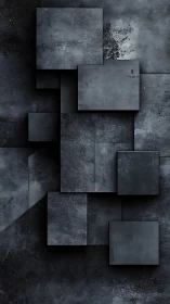 Layered charcoal metal squares in moody abstract grid.