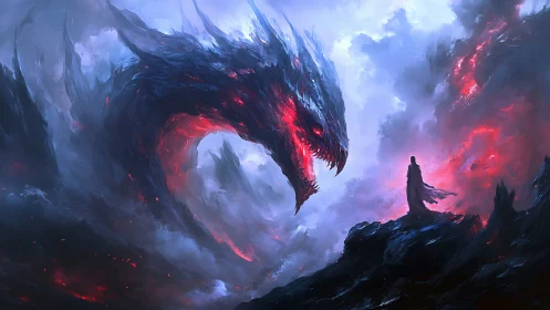 Dragon-shaped storm mass confronts lone cloaked figure