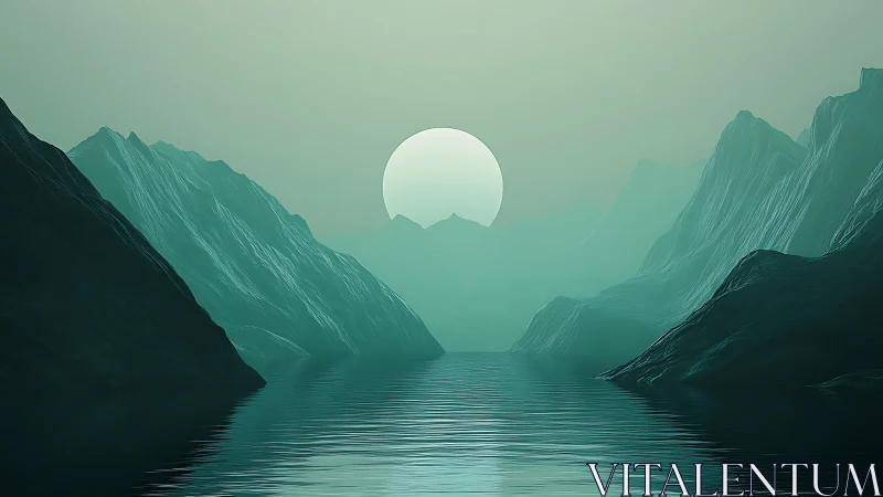Teal mountains frame serene moonlit fjord horizon.