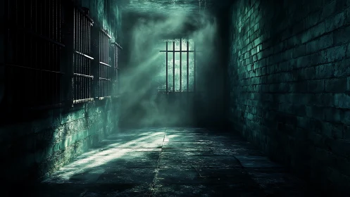 Dark prison corridor with barred window and eerie light.