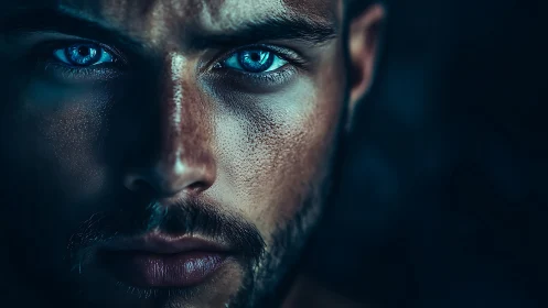 Intense male portrait reveals piercing blue illuminated eyes