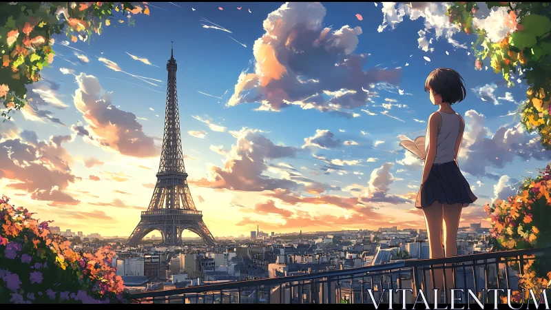 Girl on Paris balcony watches glowing Eiffel Tower sunset.