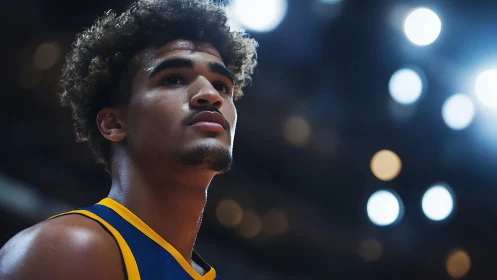 Arena-lit basketball portrait with shallow depth of field precision.