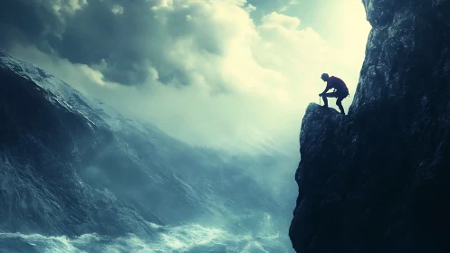 Climber pausing on a stormy cliff edge above restless seas.