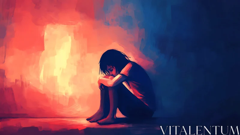 Solitary seated figure in contrasting warm and cool light.