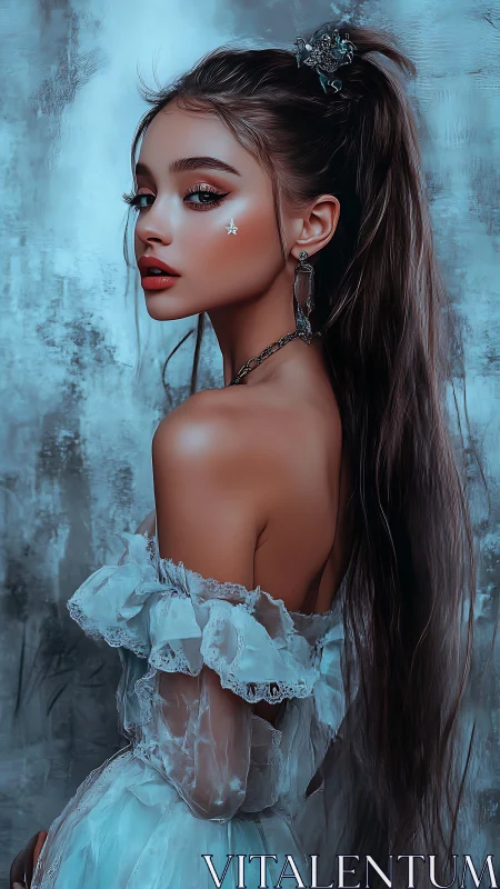 Iridescent portrait of ethereal girl in icy blue gown.