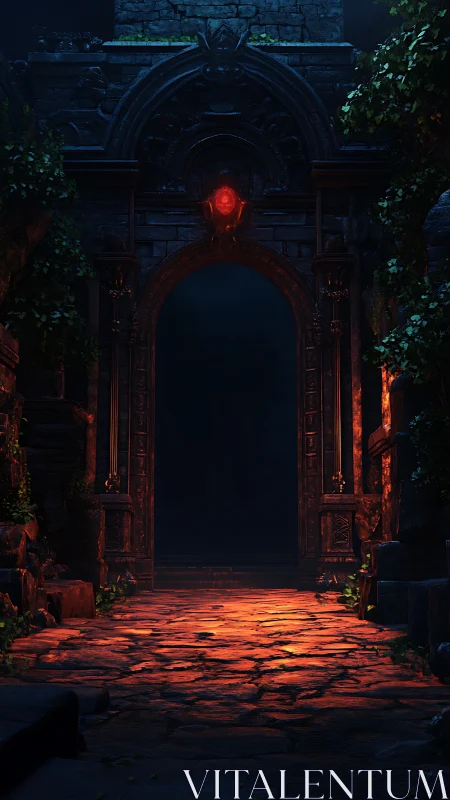 Ancient stone gateway glows with ominous red crystal light