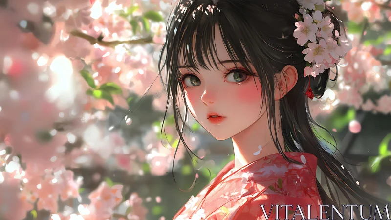 Spring kimono girl framed by luminous cherry blossoms.