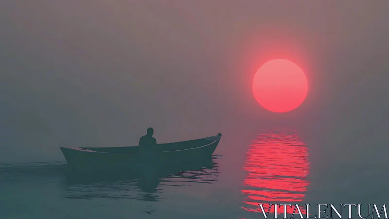 Digital painting of lone boat against neon dusk sun reflection.