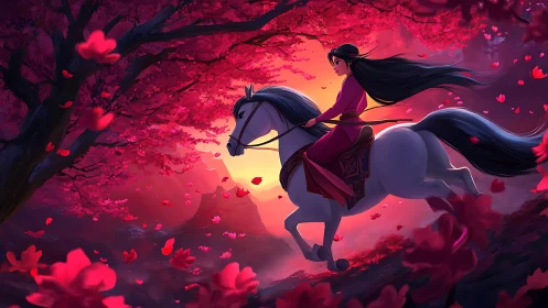 Female rider on white horse under red blossom canopy at dusk.