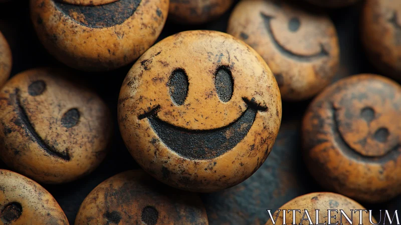 Rustic carved smiley faces on worn round stone tokens.