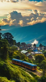 Mountain train passes hillside village under dense clouds