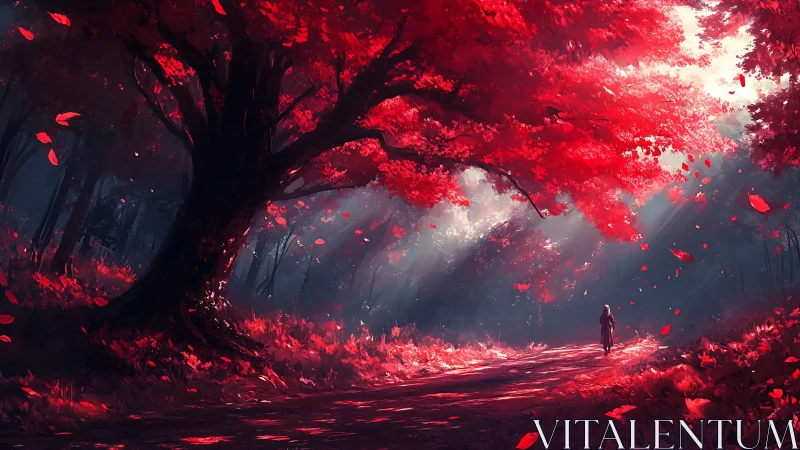 Crimson forest path beneath towering luminous canopy.