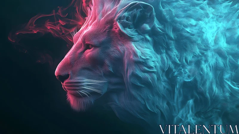 Majestic neon lion emerges from swirling cyan and pink smoke
