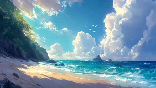 Paradise Beach Bathed in Glowing Sunlight and Dramatic Clouds