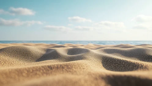 Detailed sand dunes on sunny beach with calm blue sea.