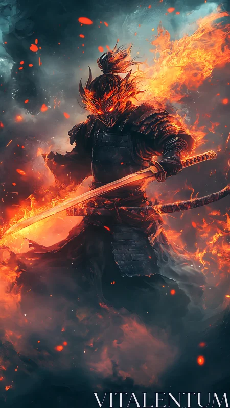 Firelit Samurai in a Swirl of Sparks and Stormy Smoke.