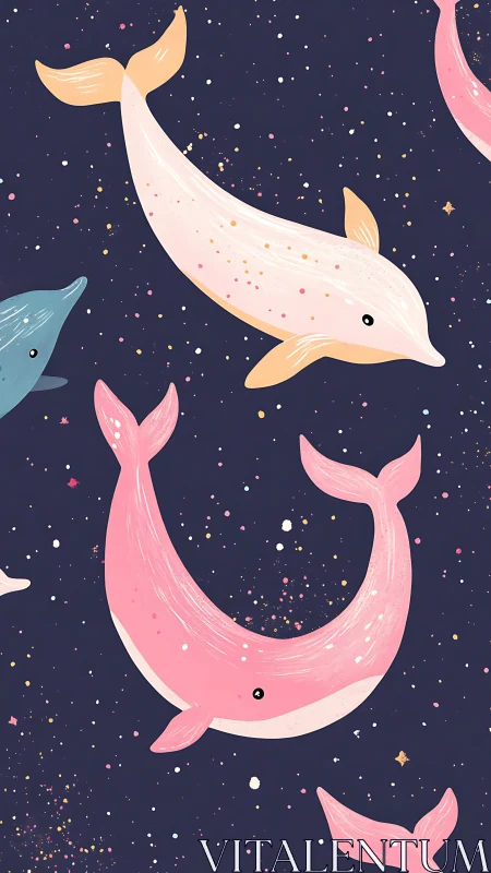 Dreamy pastel whales drifting across a starry night sky.
