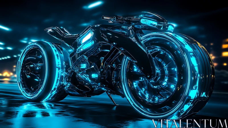 Neon-lit cyber bike with oversized illuminated wheels at night.