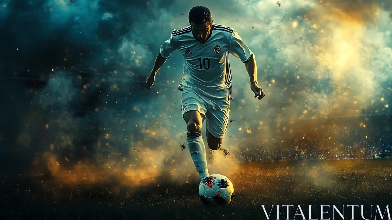 Soccer player charges through smoke toward glowing match ball
