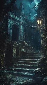 Stone stairway ascends to ruined building under moonlight