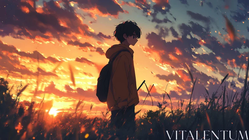 Solitary boy walks through glowing field at vivid sunset sky