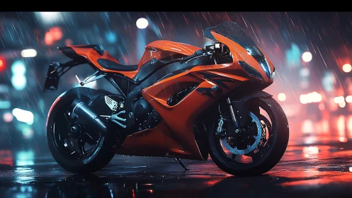 Neon rain crowns the orange superbike like liquid electricity