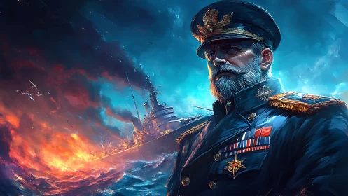 Naval admiral stands before burning warship at stormy sea
